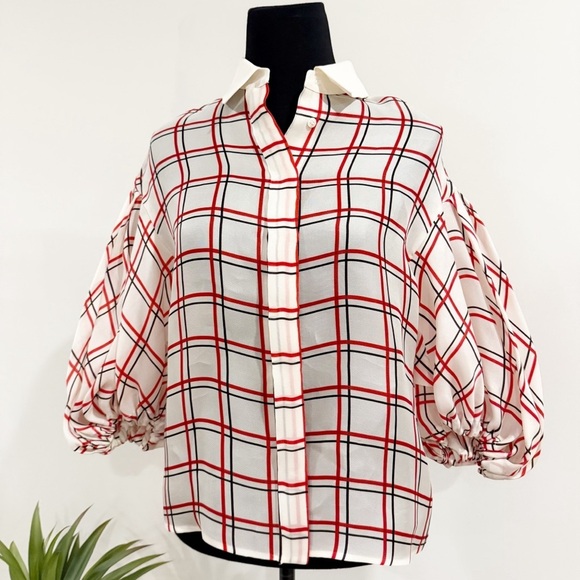 Dice Kayek Plaid Puff-Sleeve Collared Shirt- Red and White size S paid $1000 - Picture 2 of 12